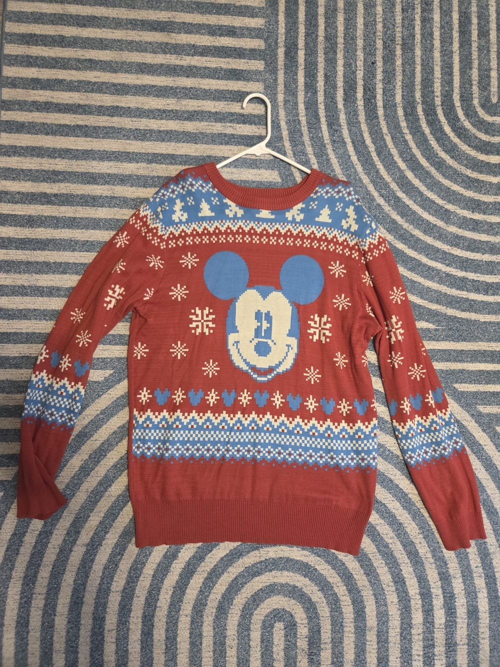 Disney Red Mickey Face Crewneck Sweater with Blue and Cream Accents